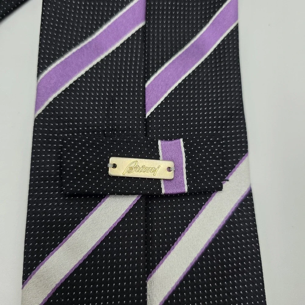 Brioni Black Silk Tie Purple Silver Stripe Handmade Italy Classic‎ Luxury